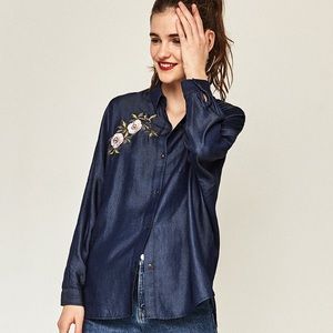 Zara Oversized Embroidered Denim Shirt